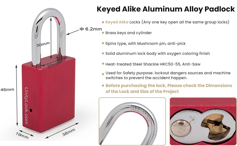 Keyed Alike Safety Aluminum Alloy Lockout Tagout Padlock Red