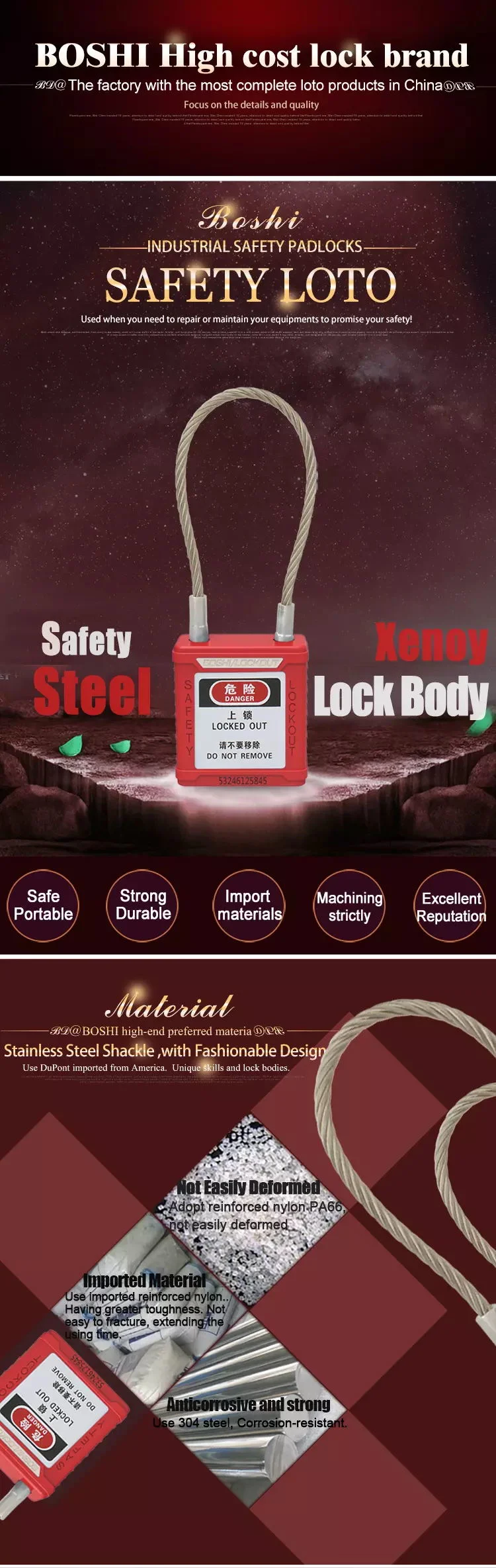 Lockout Safety Padlock with Cable Shackle and Master Key